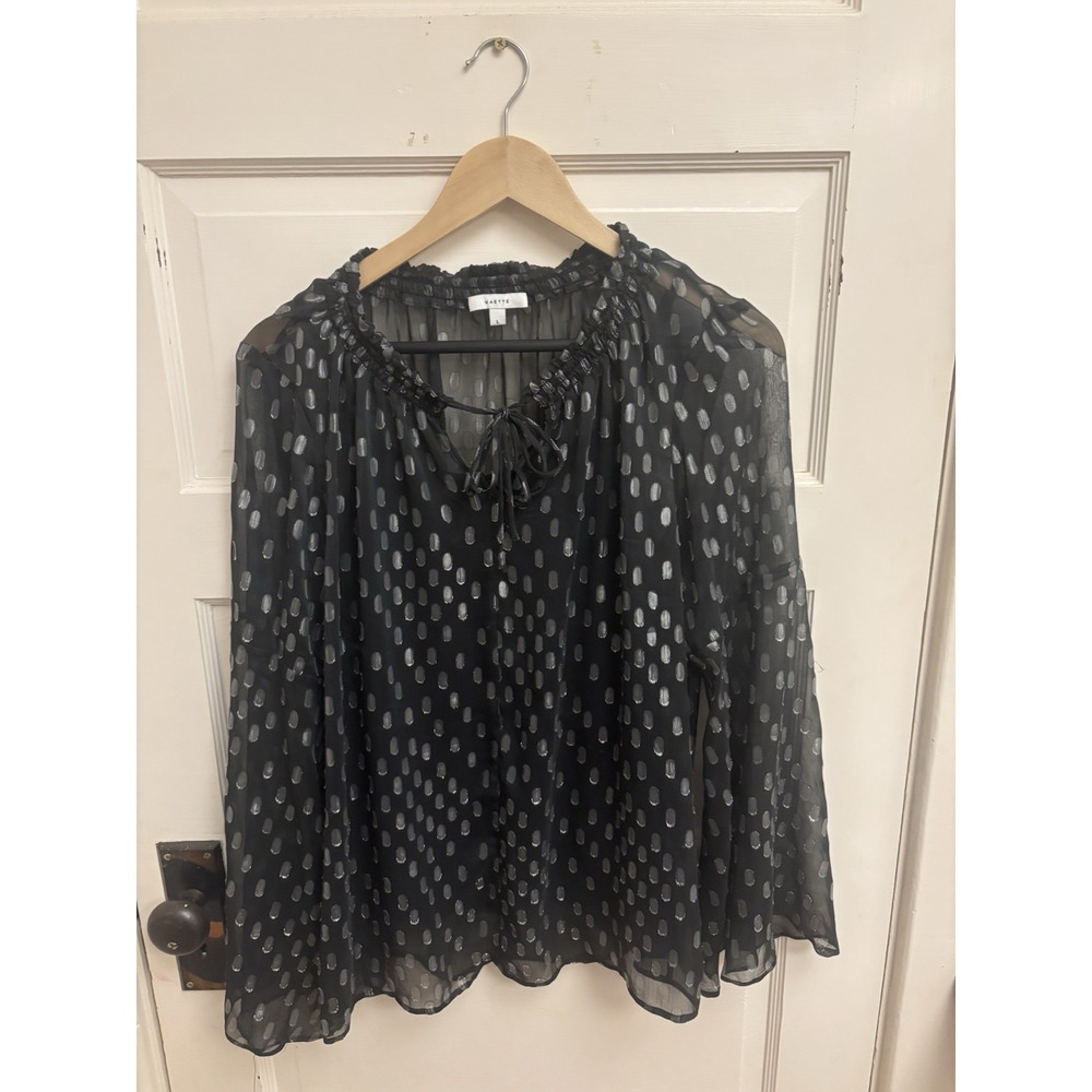 Maette Women's Black Ruffle Top Silver‎ Dots Sheer Lined Size Large